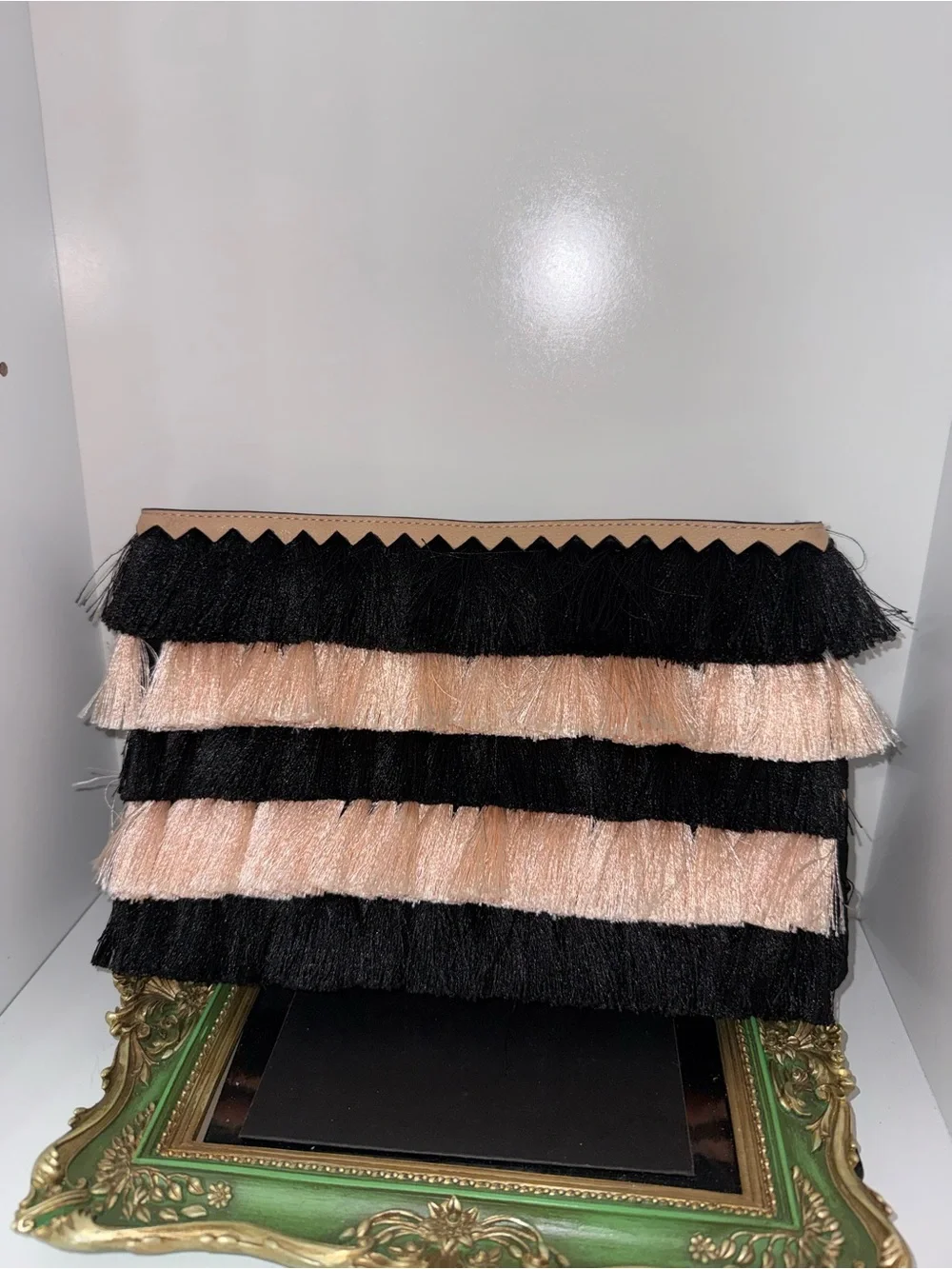 Stella & Dot Black and Blush Layered Fringe Clutch